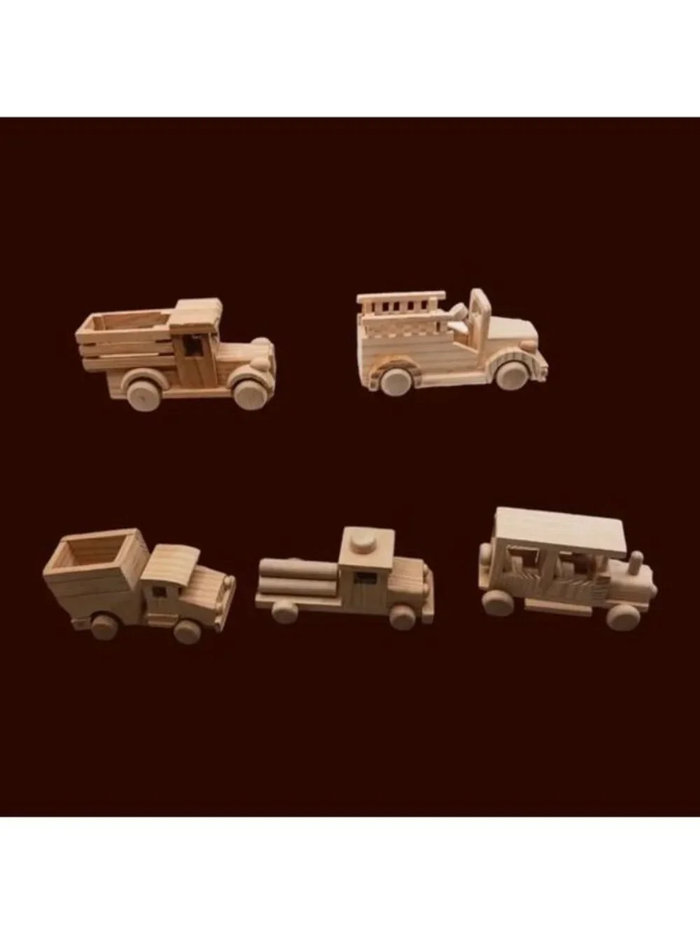 Vtg Natural Wooden Toy Vehicle Lot of 5 Fire Trucks Ambulance Dump & Log Truck